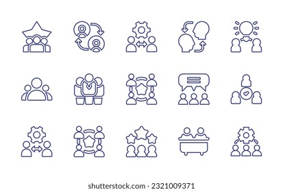 Teamwork line icon set. Editable stroke. Vector illustration. Containing teamwork, collaborate, team management, empathy, collaboration, leader, team, discuss, rating, interview room.