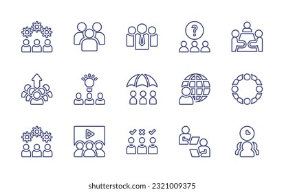 Teamwork line icon set. Editable stroke. Vector illustration. Containing team management, group, leader, question, third party, improvement, brainstorm, protection, world, unity, video, employee, team