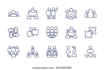 Teamwork line icon set. Editable stroke. Vector illustration. Containing group, people, teamwork, team building, puzzle, discuss, world, puzzle pieces, intermediary, meeting, employee, best employee.