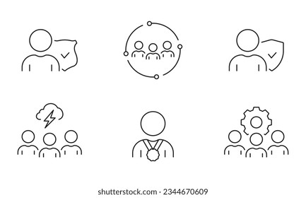 Juego de iconos de la línea de trabajo en equipo. Pictograma lineal de cooperación laboral. Símbolo de esquema de protección social. Brainstorm, Signo de administración de negocios. Asociación de equipos. Stroke editable. Ilustración de vectores aislados.
