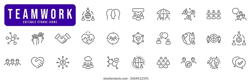 Teamwork line icon set. People, group, network, together, conference, handshake etc. Editable stroke