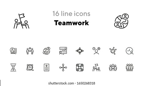 Conjunto de iconos de línea de trabajo en equipo. Equipo, liderazgo, oportunidad. Concepto de negocio. Se puede usar para temas como la fecha límite, unidad, colaboración