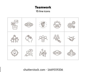Conjunto de iconos de línea de trabajo en equipo. Equipo, personal, reunión, discusión, éxito. Concepto de negocio. Se puede utilizar para temas como asociación, unidad, gestión de proyectos
