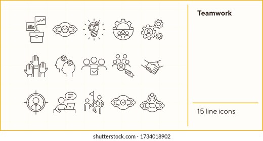 Teamwork line icon set. Team, staff, meeting, discussion, success. Business concept. Can be used for topics like partnership, unity, project management