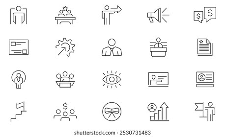 Conjunto de ícones de linha de trabalho em equipe. Equipe, recrutamento, liderança, acordo, sucesso, líder, solução de problemas, interação, objetivo, ideia, visão, comunicação e unidade conjunto de ícones de linha. Pacote de ícones de linha fina da interface do usuário.