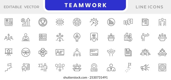 Conjunto de iconos de línea de trabajo en equipo. Equipo, reclutamiento, liderazgo, Acuerdo, éxito, líder, resolución de problemas, interacción, objetivo, idea, visión, comunicación y conjunto de íconos de líneas de unidad. Paquete de iconos de línea delgada de interfaz de usuario.