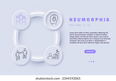 Icono de línea de trabajo en equipo. Equipo, junta, entrenamiento, habla pública, flecha. Estilo neomorfista. Icono de línea de vector