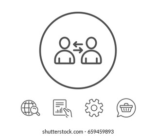 Teamwork line icon. User communication. Profile Avatar sign. Person silhouette symbol. Hold Report, Service and Global search line signs. Shopping cart icon. Editable stroke. Vector