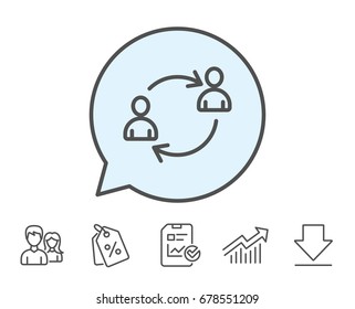 Teamwork line icon. User communication or Human resources. Profile Avatar sign. Person silhouette symbol. Report, Sale Coupons and Chart line signs. Download, Group icons. Editable stroke. Vector