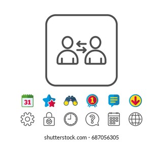 Teamwork line icon. User communication. Profile Avatar sign. Person silhouette symbol. Calendar, Globe and Chat line signs. Binoculars, Award and Download icons. Editable stroke. Vector