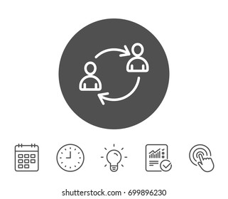 Teamwork line icon. User communication or Human resources. Profile Avatar sign. Person silhouette symbol. Report, Clock and Calendar line signs. Light bulb and Click icons. Editable stroke. Vector