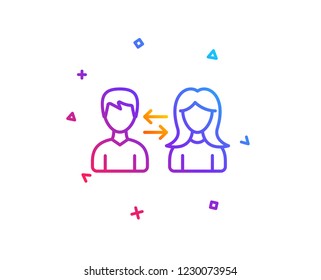 Teamwork line icon. Users communication. Male and Female profiles sign. Person silhouette symbol. Gradient line button. People communication icon design. Colorful geometric shapes. Vector