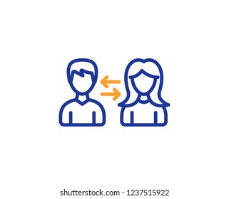 Teamwork line icon. Users communication. Male and Female profiles sign. Person silhouette symbol. Colorful outline concept. Blue and orange thin line color icon. People communication Vector