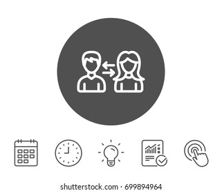 Teamwork line icon. Users communication. Male and Female profiles sign. Person silhouette symbol. Report, Clock and Calendar line signs. Light bulb and Click icons. Editable stroke. Vector