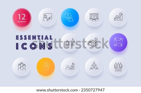 Teamwork line icon. Work with staff, headphones, hands, handshake, schedule, productivity improvement. Neomorphism style. Vector line icon