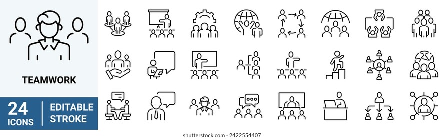 Iconos de la línea de trabajo en equipo, compañeros de trabajo, cooperación. Colección de símbolos simple de los negocios lineales. ilustración vectorial. Trazo editable