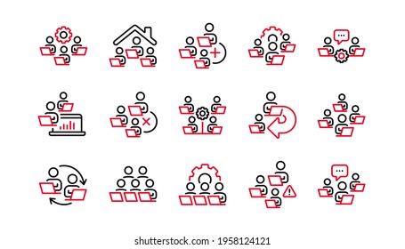 Teamwork line icons. Remote office, Working at home, Online Team worker. Growth chart, Online home job line icons. Remote team work, people study, programmers. Linear set. Quality line set. Vector