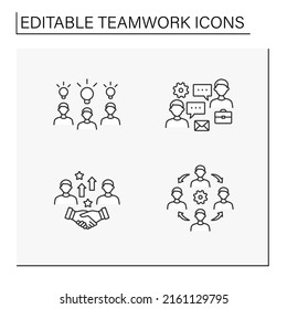 Teamwork line icons set. Brainstorming, working dialogue between employees, deal, cooperation. Teamwork concept. Isolated vector illustrations. Editable stroke