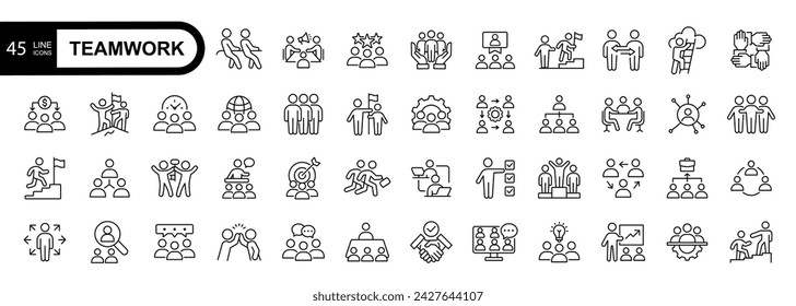 Teamwork line icons set. Business teamwork, team building, work group and human resources  web icon set.