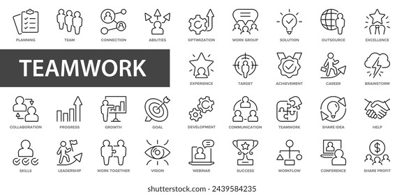 Teamwork line icons set. Business people, idea, presentation, goal, reward and others. Business teamwork, human resources. Thin line icons collection.