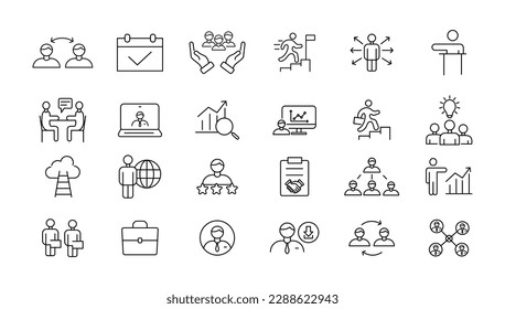 Teamwork line icons set. Businessman outline icons collection. Work group and human resources. Business teamwork, human resources, meeting, partnership, meeting, work group, success - stock vector.