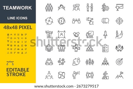 Teamwork Line Icons Set, Editable Stroke Teamwork Line Icons – Business and Office Set (48x48 px), For Teamwork, Office, and Business People, Meetings, Brainstorming, Leadership, Strategy, 