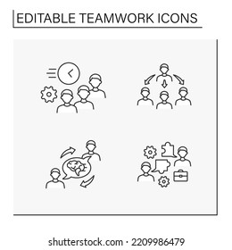 Teamwork line icons set. Effective and efficient work of workers, leader distributes tasks, team building, exchanging common ideas. Teamwork concept. Isolated vector illustrations. Editable stroke
