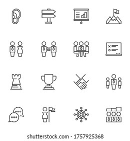 Conjunto de iconos de línea de trabajo en equipo, colección de símbolos de vector de contorno, paquete de pictogramas de estilo lineal. Señales, ilustración del logotipo. El conjunto incluye iconos como líder de equipo, apretón de manos de trato, estrategia, comunicación, carrera