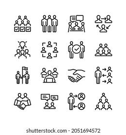 Icônes de ligne de travail d'équipe. Ensemble de symboles de contour, éléments graphiques simples, collection de pictogrammes noirs de style linéaire moderne. Image vectorielle ensemble d'icônes de ligne