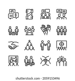 Iconos de la línea de trabajo en equipo. Conjunto de símbolos de contorno, elementos gráficos simples, colección de pictogramas negros de estilo lineal moderno. Conjunto de iconos de línea de vector