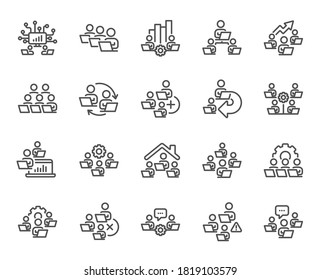 Teamwork line icons. Working at home, online team worker, remote office. Artificial intelligence, growth chart, online home job line icons. Remote team work, people study, programmers. Vector