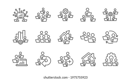 Teamwork line icons. Working at home, Online Team worker, Remote office. Artificial intelligence, Growth chart, Online home job line icons. Remote team work, people study, programmers. Vector