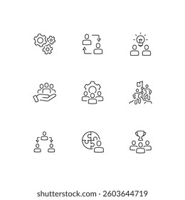 Teamwork linear icon set. Synergy, collaboration, research, meetings line customizable illustration. Contour symbol. Vector isolated outline drawing. Editable stroke