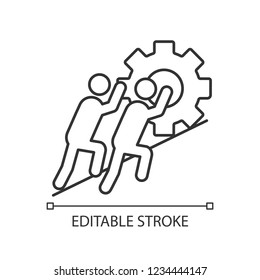 Teamwork linear icon. Team. Thin line illustration. Partnership. Two businessmen pushing cogwheel up. Join efforts. Contour symbol. Vector isolated outline drawing. Editable stroke