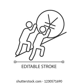 Teamwork linear icon. Two businessmen pushing yen sign up. Revaluation. Yen support. Thin line illustration. Join efforts. Team. Earn money. Partnership. Vector isolated drawing. Editable stroke