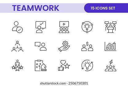 Colección de iconos lineales de trabajo en equipo. Conjunto de iconos de espacio de coworking. El trabajo en equipo del negocio, la formación de equipos, el grupo de trabajo y los recursos humanos minimizan el conjunto de iconos de Web de línea delgada.