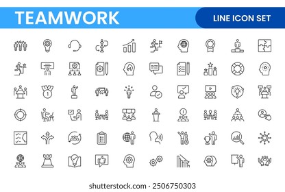 Teamwork linear icons collection. Set of coworking space icons. Business teamwork, team building, work group, and human resources minimal thin line web icon set.