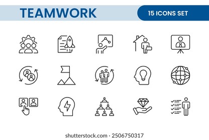 Teamwork linear icons collection. Set of coworking space icons. Business teamwork, team building, work group, and human resources minimal thin line web icon set.