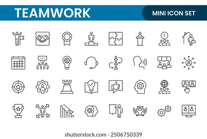 Teamwork linear icons collection. Set of coworking space icons. Business teamwork, team building, work group, and human resources minimal thin line web icon set.