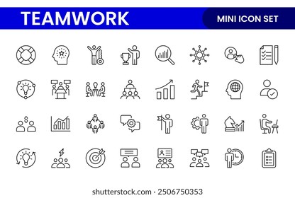 Colección de iconos lineales de trabajo en equipo. Conjunto de iconos de espacio de coworking. El trabajo en equipo del negocio, la formación de equipos, el grupo de trabajo y los recursos humanos minimizan el conjunto de iconos de Web de línea delgada.