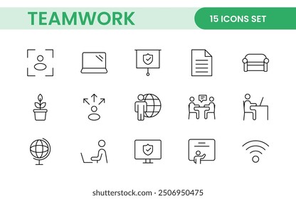 Colección de iconos lineales de trabajo en equipo. Conjunto de iconos de espacio de coworking. El trabajo en equipo del negocio, la formación de equipos, el grupo de trabajo y los recursos humanos minimizan el conjunto de iconos de Web de línea delgada.