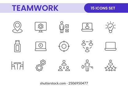Teamwork linear icons collection. Set of coworking space icons. Business teamwork, team building, work group, and human resources minimal thin line web icon set.