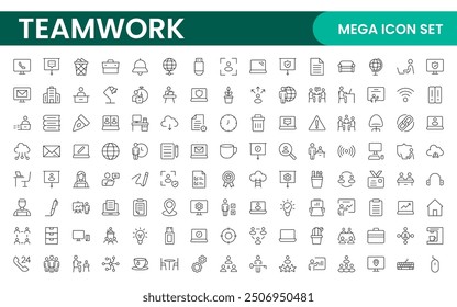 Colección de iconos lineales de trabajo en equipo. Conjunto de iconos de espacio de coworking. El trabajo en equipo del negocio, la formación de equipos, el grupo de trabajo y los recursos humanos minimizan el conjunto de iconos de Web de línea delgada.