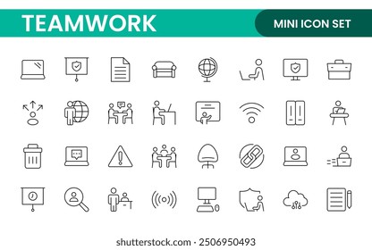 Teamwork linear icons collection. Set of coworking space icons. Business teamwork, team building, work group, and human resources minimal thin line web icon set.