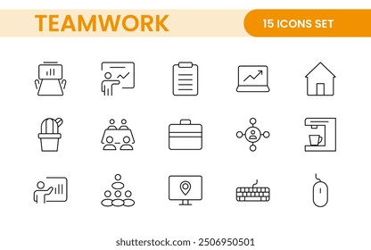 Teamwork linear icons collection. Set of coworking space icons. Business teamwork, team building, work group, and human resources minimal thin line web icon set.