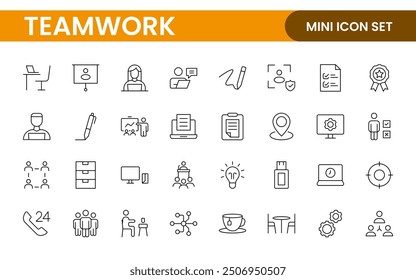 Teamwork linear icons collection. Set of coworking space icons. Business teamwork, team building, work group, and human resources minimal thin line web icon set.