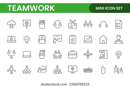 Teamwork linear icons collection. Set of coworking space icons. Business teamwork, team building, work group, and human resources minimal thin line web icon set.