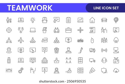 Teamwork linear icons collection. Set of coworking space icons. Business teamwork, team building, work group, and human resources minimal thin line web icon set.