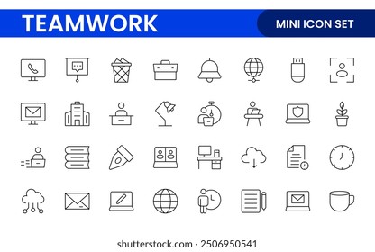 Teamwork linear icons collection. Set of coworking space icons. Business teamwork, team building, work group, and human resources minimal thin line web icon set.
