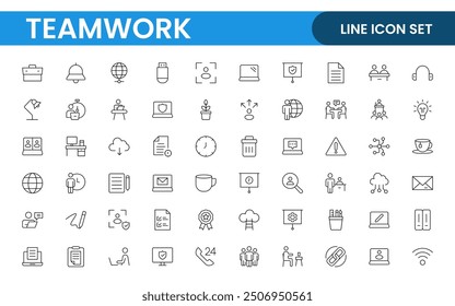 Kollektion linearer Symbole von Teamwork. Satz von Coworking Space-Symbolen. Geschäftliche Teamarbeit, Teambildung, Arbeitsgruppen und Personalwesen - minimaler Thin-Line-Websymbolsatz.